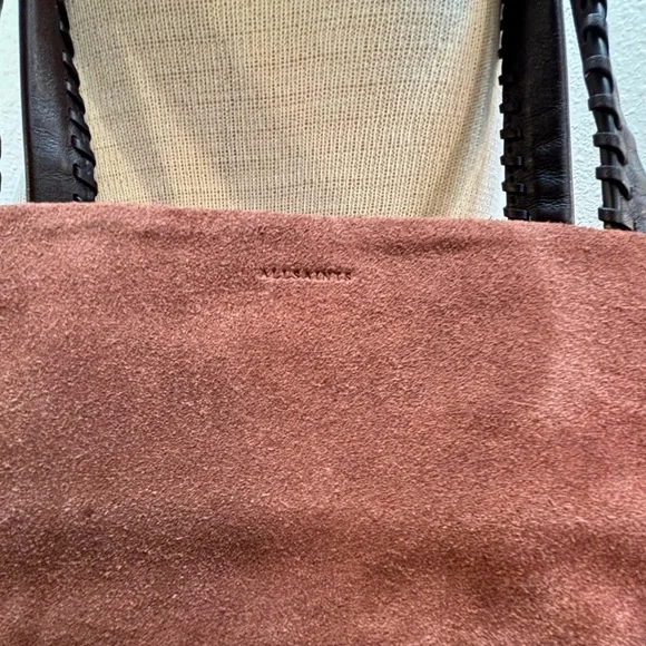 AllSaints Mori Suede Leather Tote Bag Brown Braided Handle Whipstitch - Picture 14 of 14